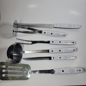 Vintage Forgecraft USA White Handle Kitchen Utensil‎ Set Ladle Spatula